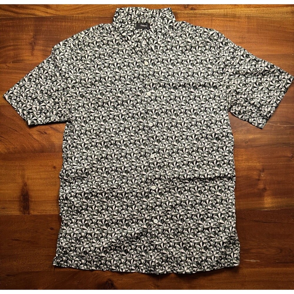 Theory Irving Mens L Short Sleeve Button Front Shirt Green Geometric Stretch Fit